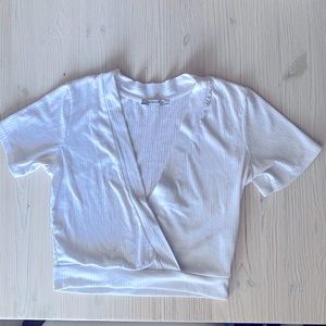 ZARA Trafluc White V-neck Wrap Knit Crop Short Sleeve Top- S